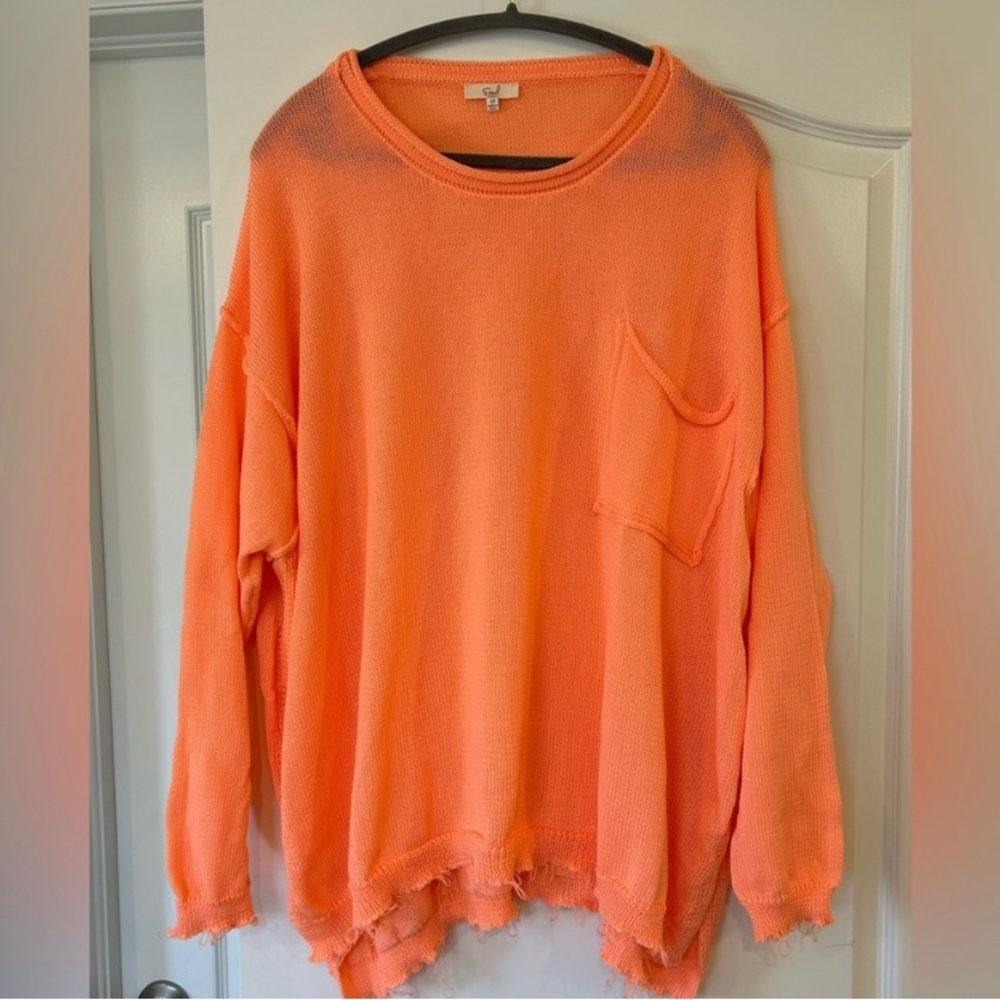 Bright Orange Knit Sweater with Distressed Hem